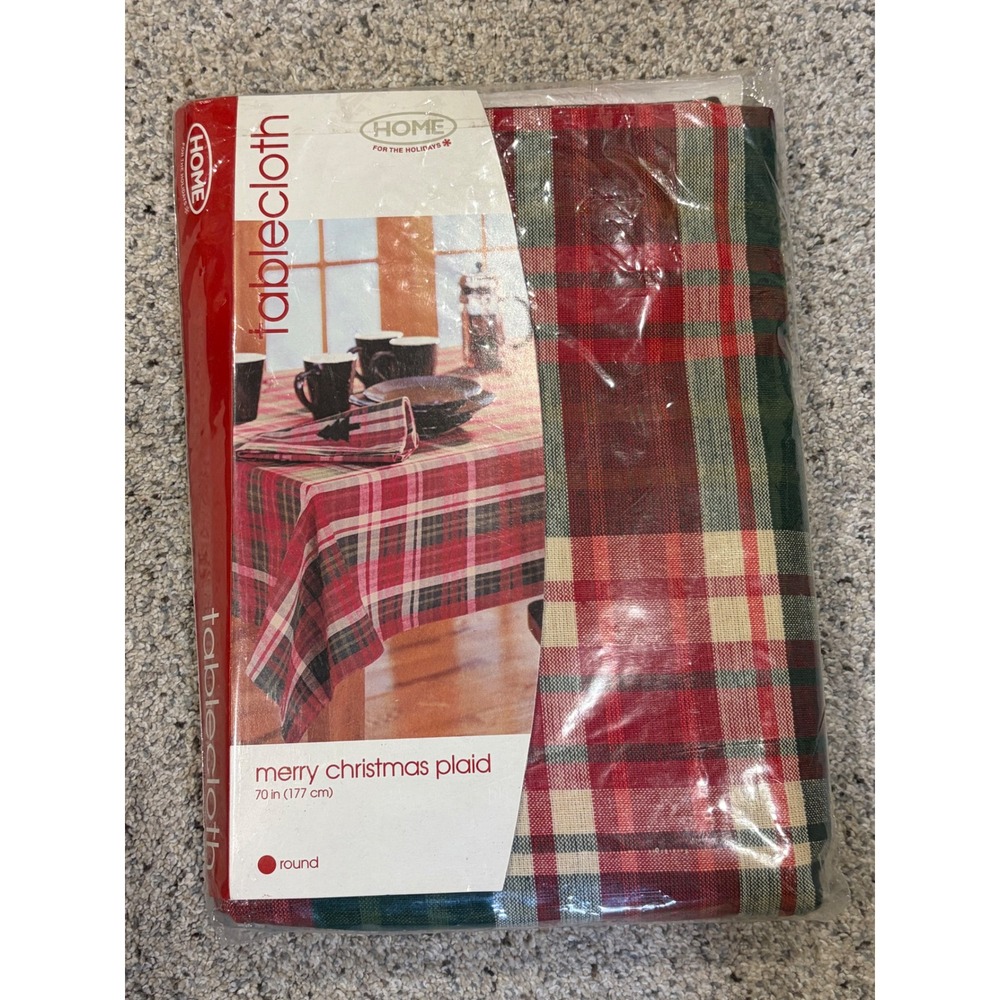 Home For The Holidays Merry Christmas Plaid Round Tablecloth 70in 100% Cotton